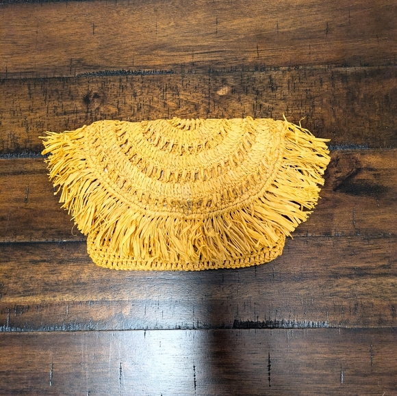 Mar Y Sol Handbags - Mar Y Sol mini clutch sunflower yellow crochet raffia with fringe detailing